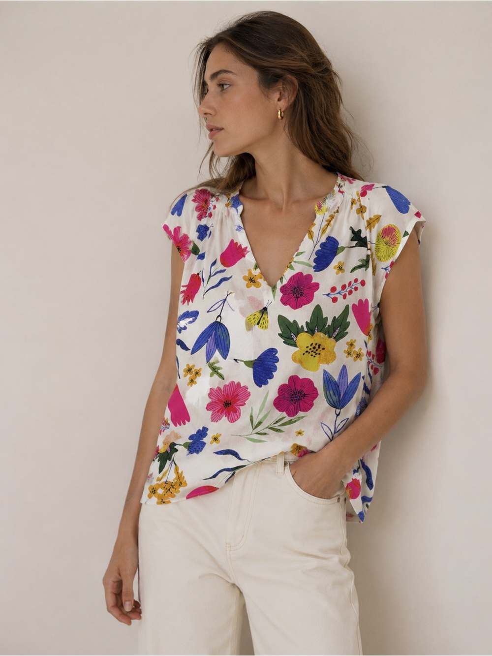 Rachel Roy Multicolor Floral Linen Blend V-Neck Top Size Large